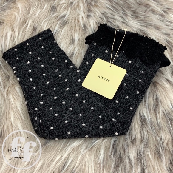 Areve Cozy Black Boho Knit Lace Trim Retro Polka Dot OTK Leg Warmers Boot Cuffs - Picture 1 of 5